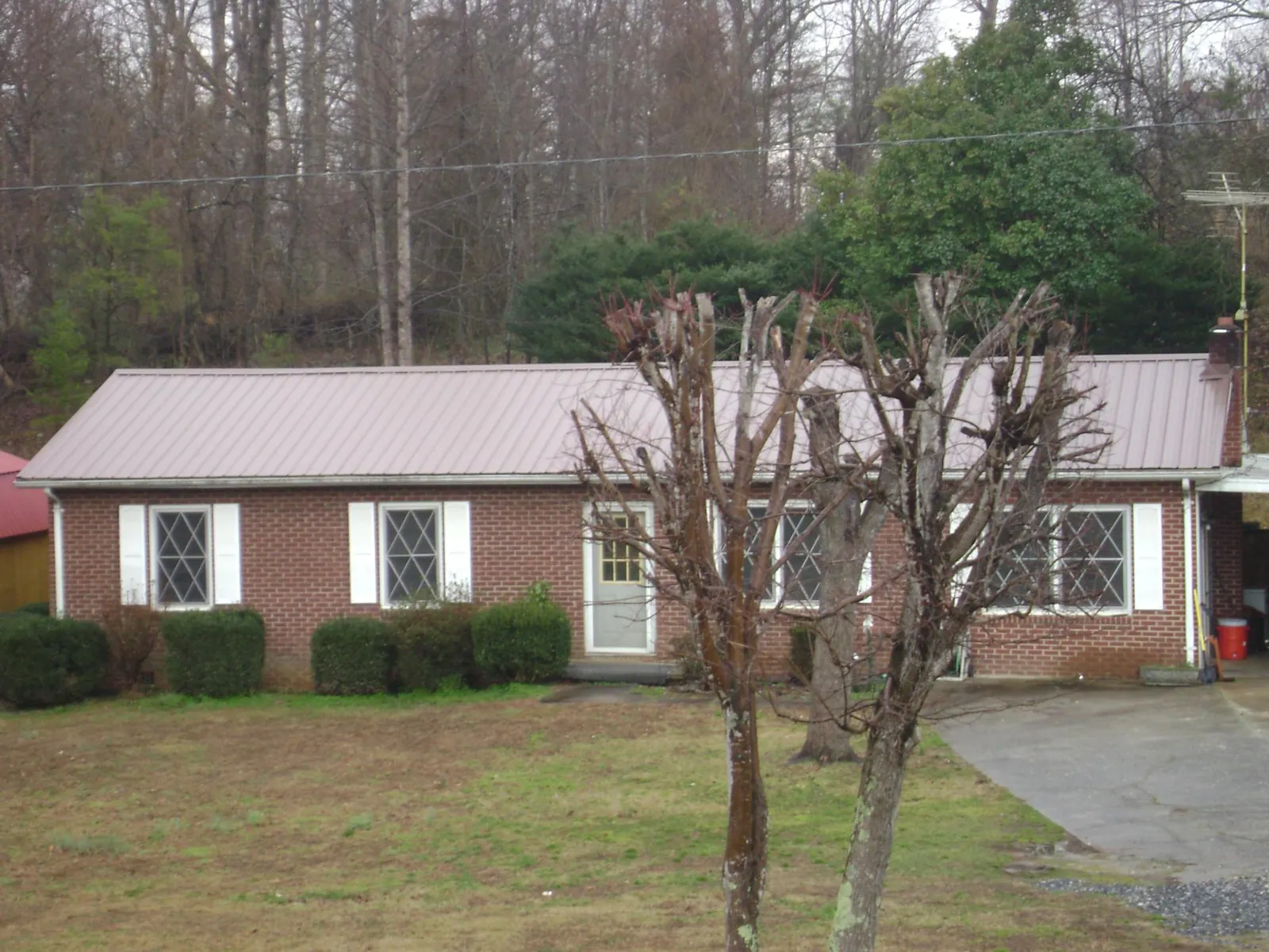 Mauve metal roof on a brick ranch home behind bare trees in Morganville