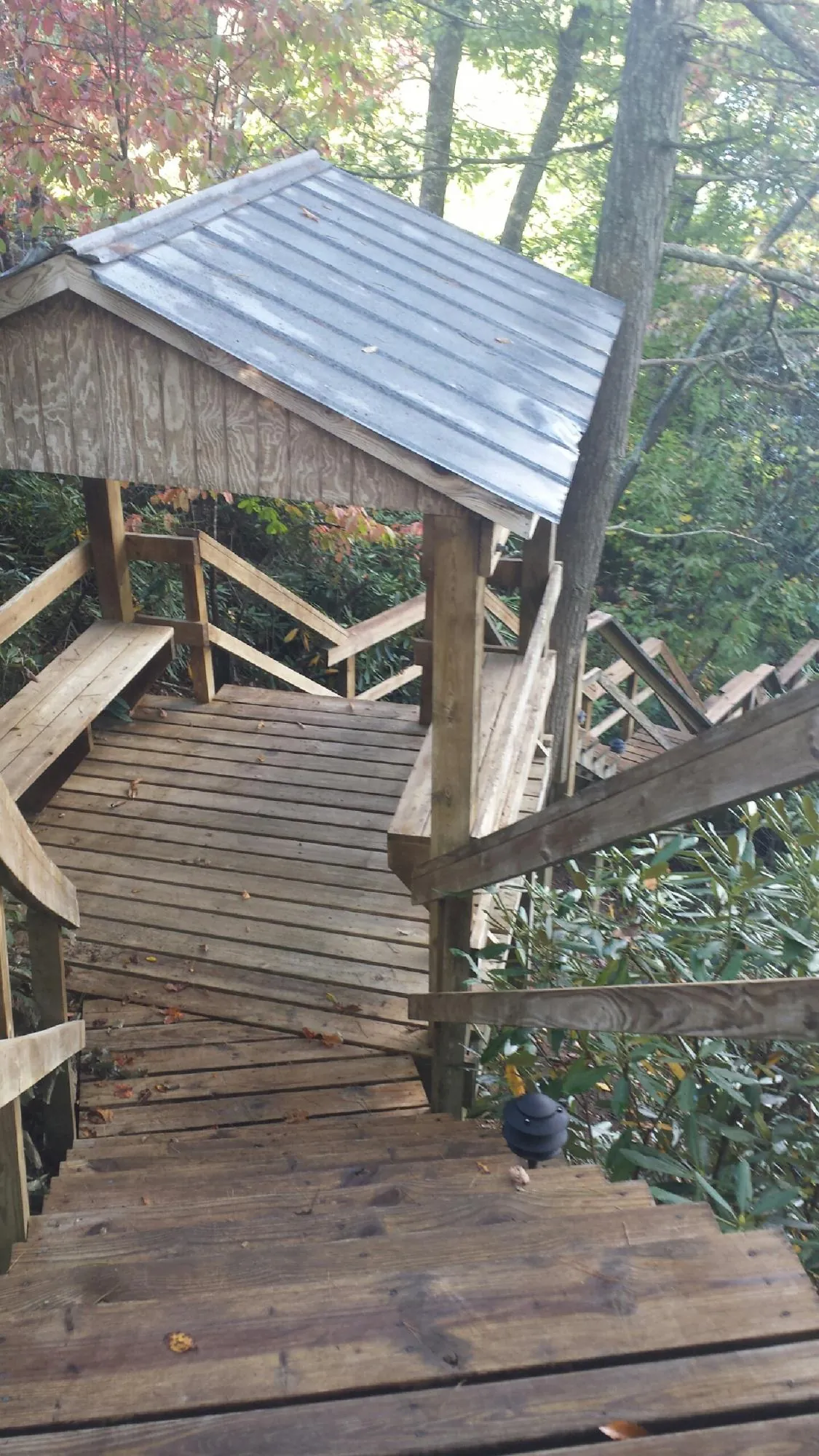 Metal roofed shelter over wooden steps on a wooded walkway — Skylight Repair & Installation work by our crew in Morganville